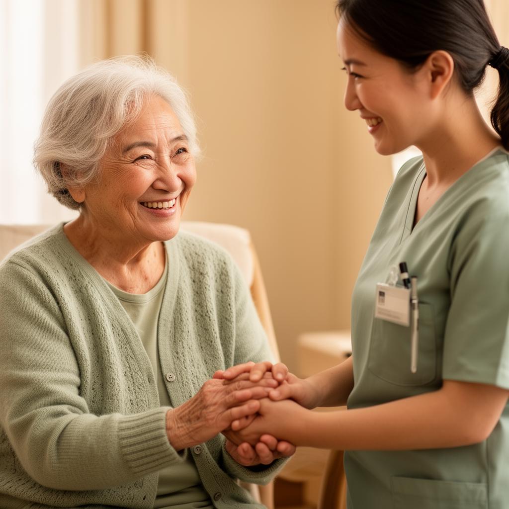 Caregiver smiling and holding hands with a senior resident